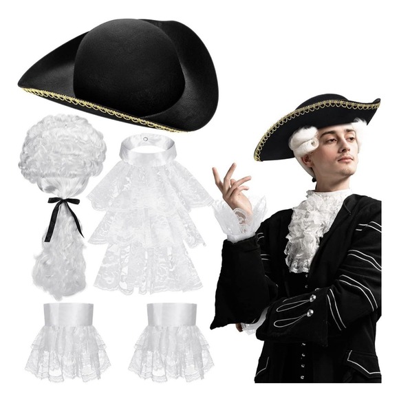 Accessories - New Zhanmai Founding Fathers Colonial Costume Tricorn Hat White Wig Lace Cuffs